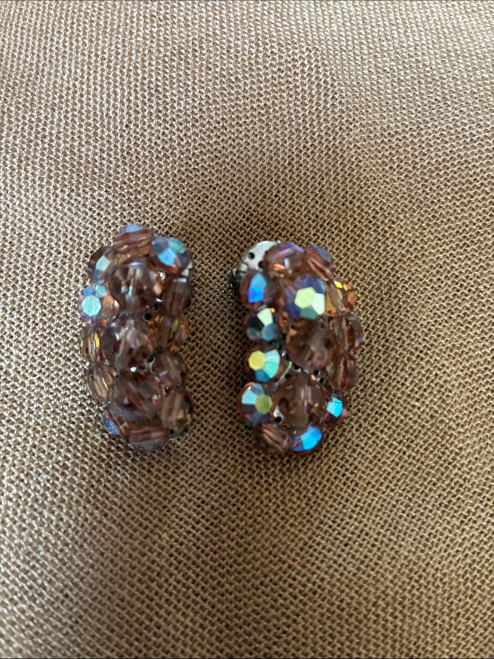 Vintage Aura Borealis brown Crystal bead Cluster Clip-On Earrings
